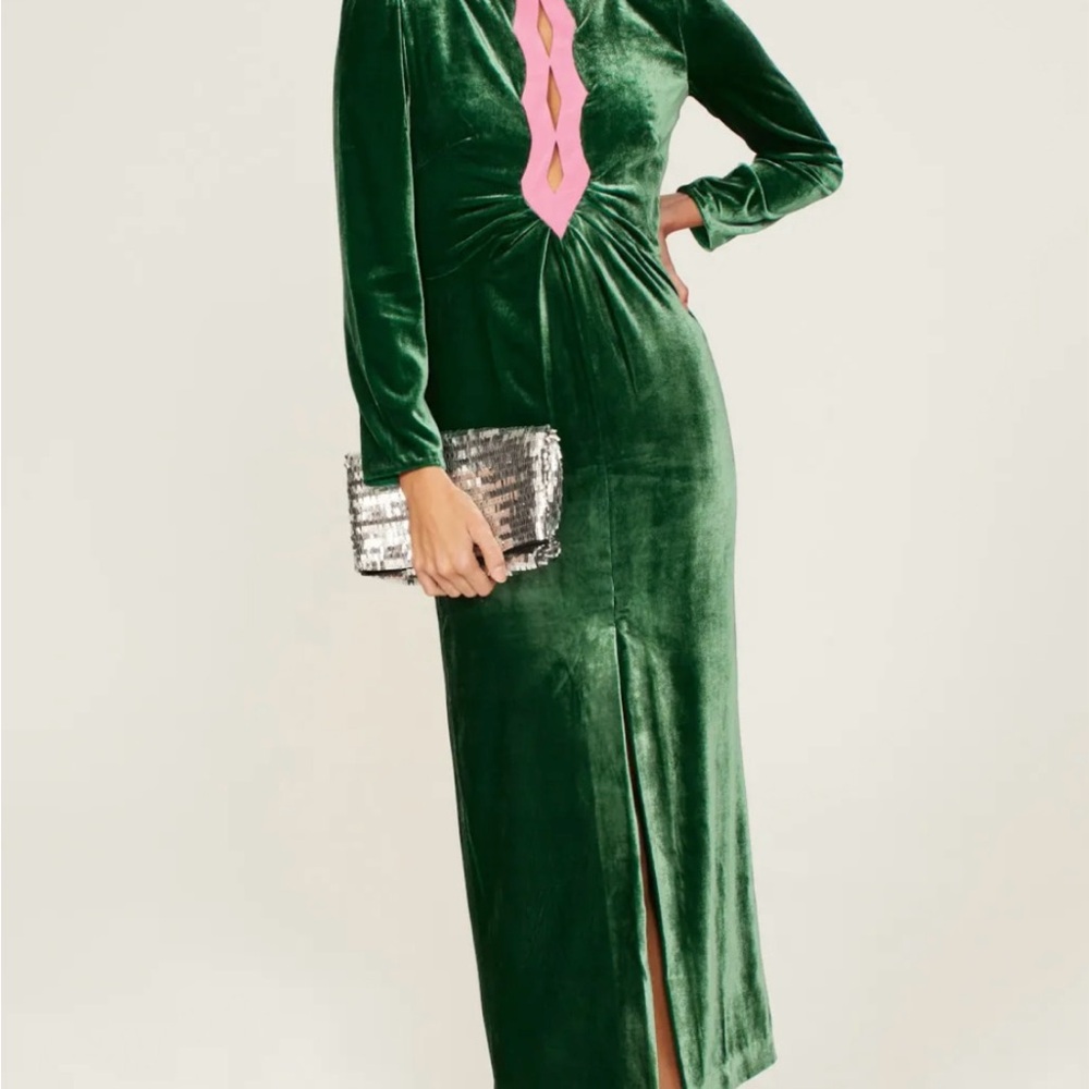 SALONI Emerald Velvet Dress with Pink Accent
